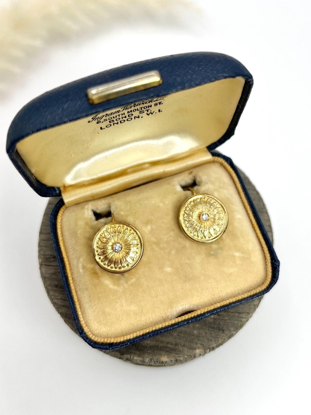 Antique 18ct Gold, 1920s Round Floral Diamond Set Drop Earrings, box NOT include